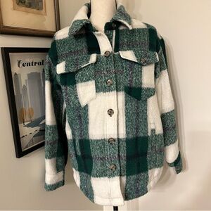 Avec Les Filles Green and Cream Plaid Western Style Shacket SZ S